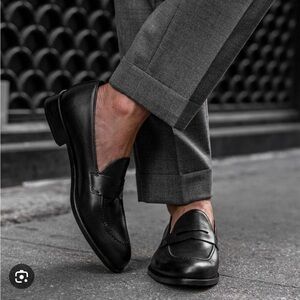 J.L. Coombs Men's Shiny Black Leather Slip-On penny loafers